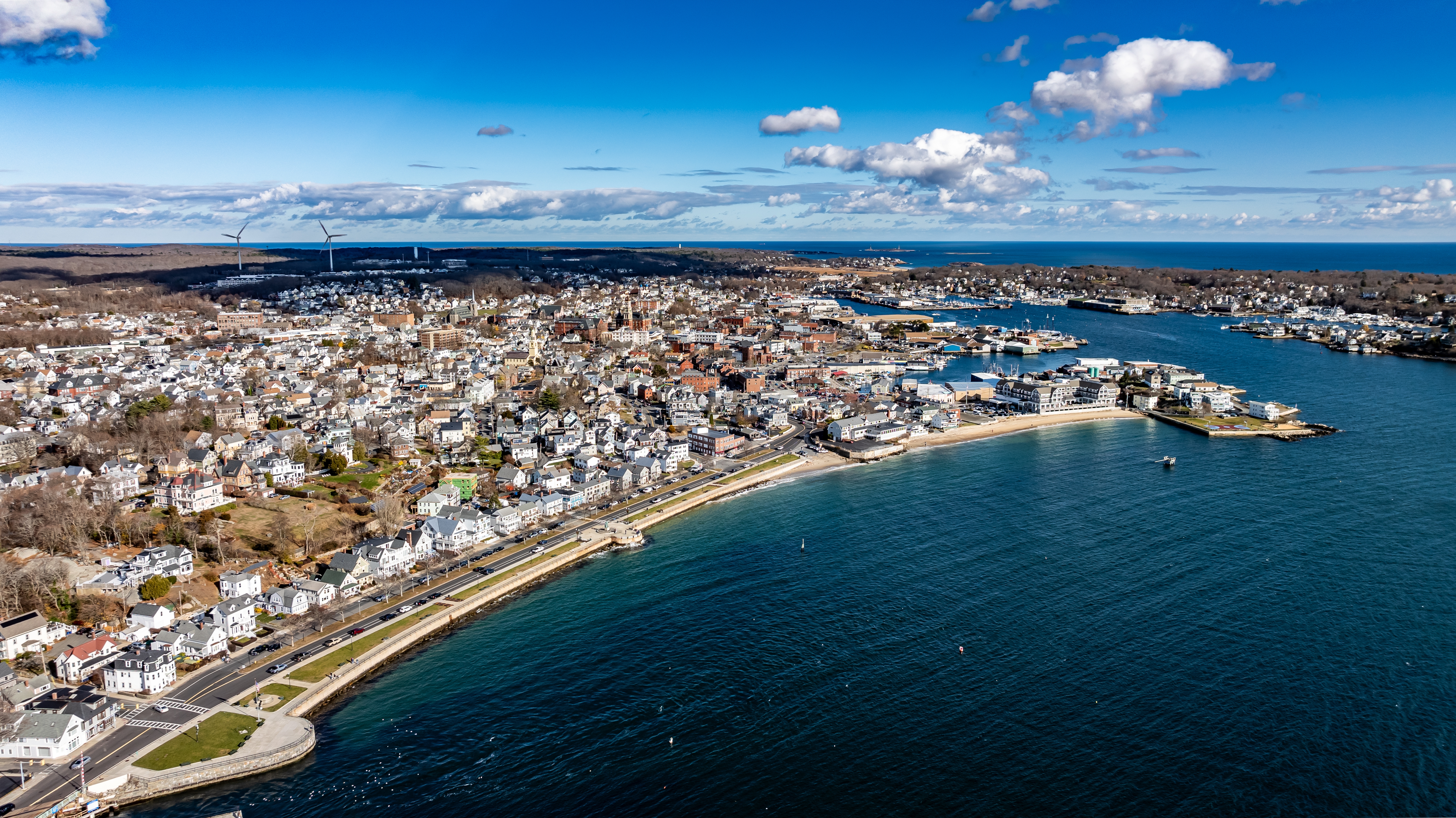 Aerial view of Gloucester, MA and its harbor on Cape Ann